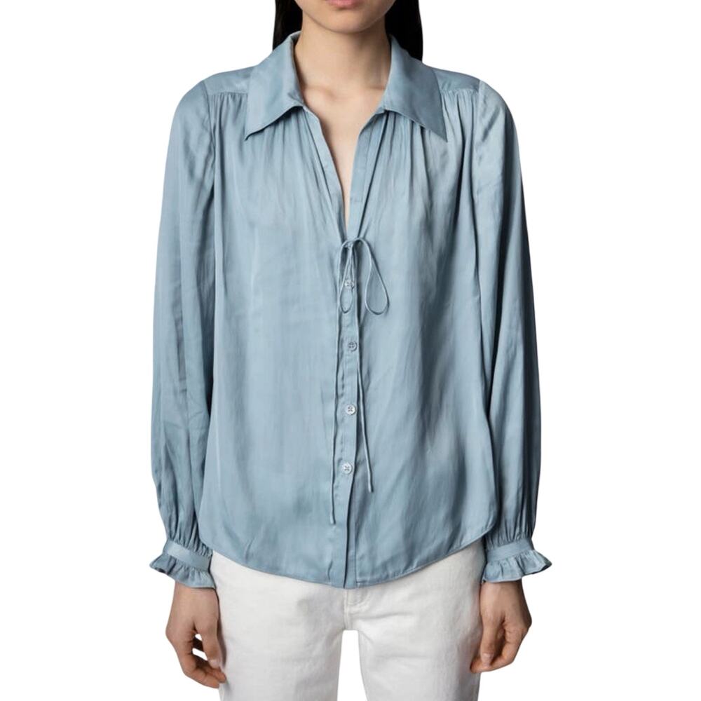 Zadig & Voltaire Tilan Satin Blouse Nuage Blue Long Sleeve XS‎